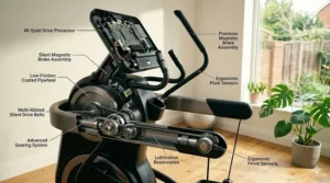 A technical view of the 4K quiet drive processor and magnetic brake assembly inside an advanced motion cross trainer.