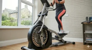 Alt text for image 4: Cutaway illustration showing the quiet magnetic resistance flywheel of a high-end cross trainer designed for smooth virtual route terrain simulation.