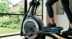 Profile view of a rear-drive orthopedic cross trainer highlighting the sturdy frame and smooth stride mechanism.