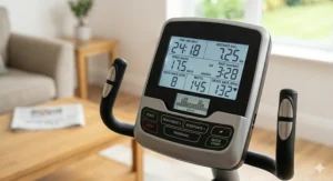Close-up of a recumbent cross trainer digital console showing workout metrics and heart rate monitoring.