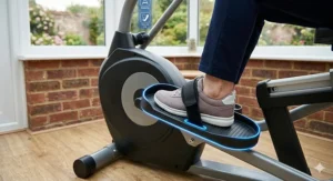 Close-up of wide, non-slip pedals with adjustable safety straps on a recumbent cross trainer for secure footing.
