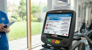 A close-up of a digital console on a rehabilitation cross trainer showing customised workout programmes and heart rate tracking.
