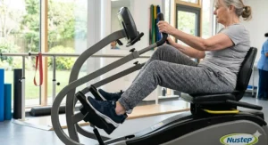 A close-up illustration of a senior user's legs exercising on a seated elliptical trainer, highlighting low-impact joint movement.