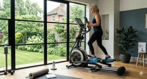 An active older adult using an orthopedic cross trainer at home to maintain mobility and cardiovascular health.