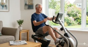 An active senior man exercising on a recumbent cross trainer in a modern British home setting.