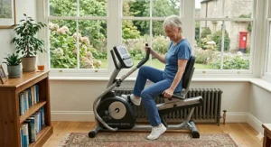 The step-through design of a recumbent cross trainer allowing easy access for users with limited mobility.