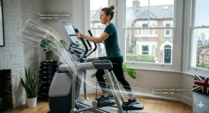An exerciser transitioning smoothly from a walking stride to a running motion on an adaptive motion trainer.
