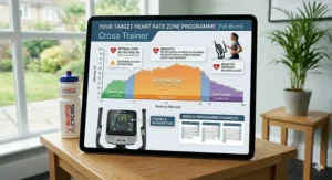 An infographic on a tablet screen explaining a target heart rate zone programme for fat-burning on a cross trainer.