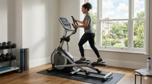 Conceptual internal illustration of an advanced cross trainer featuring an integrated model of a human kidney to symbolise metabolic monitoring.