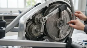 Surreal concept illustration depicting models of a human eye and liver wired directly into the mechanical heart of a variable motion elliptical trainer.