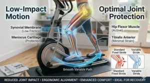 Photographic illustration of an elliptical trainer's internal components overlaid with a glowing blue and red holographic user interface showing calibration metrics.