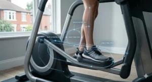 Biomechanical view of a user's stride on a variable path elliptical trainer.