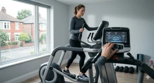 Modern home gym featuring a high-quality variable path elliptical machine.