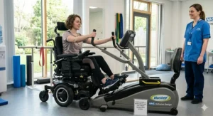 An inclusive fitness space showing a wheelchair-compatible seated cross trainer with a removable seat for easy access.