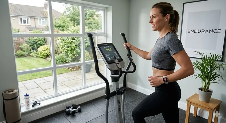 A photorealistic image of a woman in a modern UK home gym using a Kettler cross trainer with heart rate monitor, visible pulse sensors, and a smartwatch displaying heart rate data, naturally lit by a window overlooking a suburban British garden. cross trainer with heart rate monitor