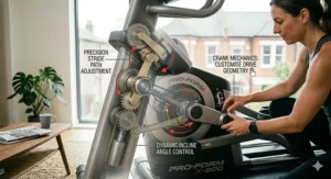 An illustration of the cross trainer’s footpedals showing the mechanism for adjusting the footplate angle.