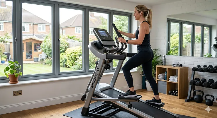 Person using an adjustable incline cross trainer for a cardio workout in a modern home gym.