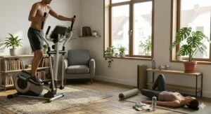 An illustration showing the full-body fitness benefits of using a cross trainer at home.