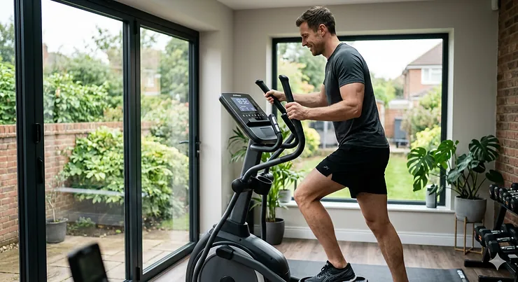 A tall person comfortably using a high-specification cross trainer in a home gym setting in the UK. cross trainer for tall person