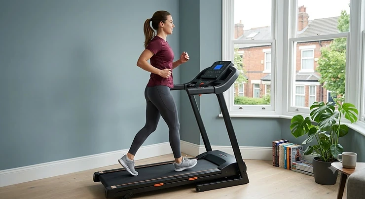 sleek electric treadmill under £500 designed for home gym use in a modern British living room. electric treadmill under £500