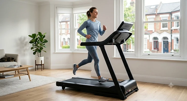 Person running on the best folding treadmill in a bright, modern UK home living room. best folding treadmill
