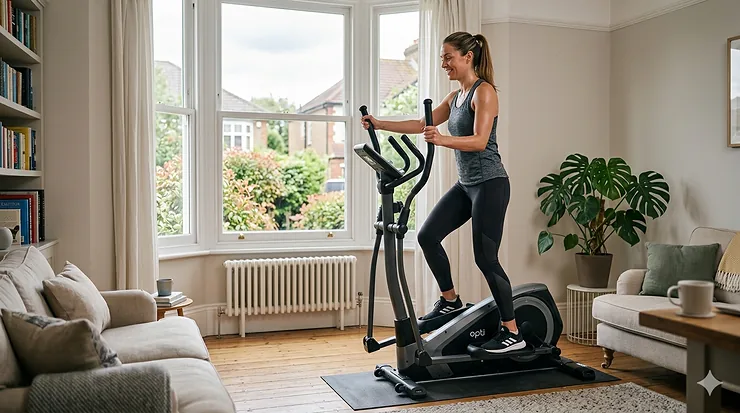 A person using a high-quality home cross trainer in a bright living room, representing an affordable fitness solution under £500. home cross trainer under £500