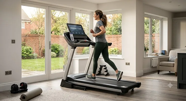 A high-quality featured image of the best motorised treadmill for a home gym set up in a modern British living space. best motorised treadmill