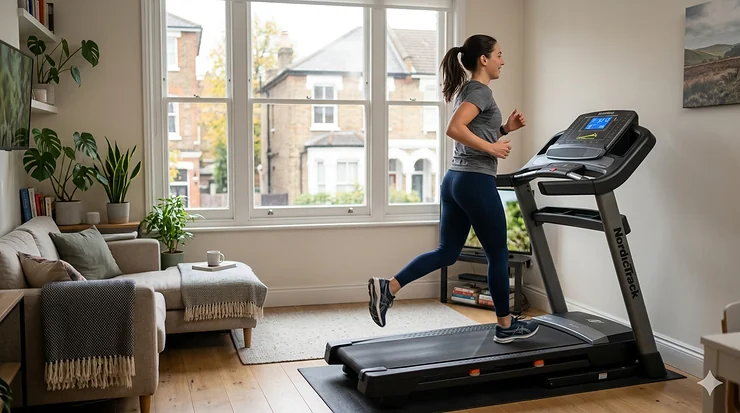 A person running on a compact treadmill for home use in a bright, modern UK living room.