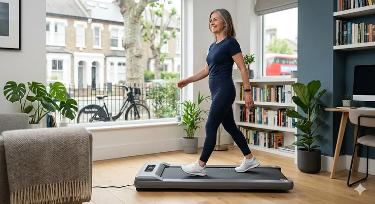 A person using a compact treadmill for walking in a modern British living room, highlighting its space-saving design for home fitness. treadmill for walking