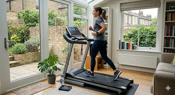 A compact, modern treadmill set up in a bright UK living room, representing the best treadmill under £500 for home fitness. treadmill under £500