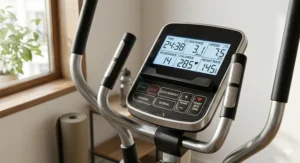 Close-up of the digital console on an affordable cross trainer showing workout metrics.