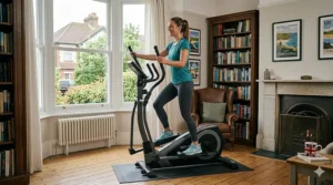 A compact home cross trainer positioned in a small corner, ideal for UK flats and home gyms.