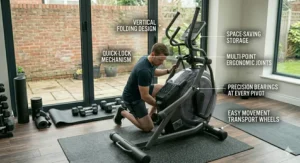 A person demonstrating the vertical folding design and easy-movement transport wheels of a compact cross trainer.