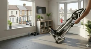 A compact, foldable cross trainer being stored away after a home workout.
