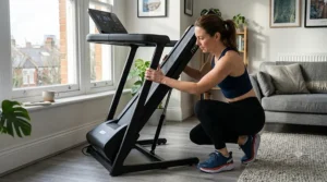 Compact folding treadmill for flats stored vertically behind a sofa.