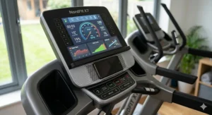 A clear view of the digital console displaying workout stats on an adjustable incline cross trainer.