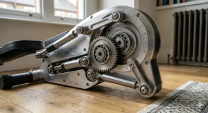 Illustration of a folding cross trainer mechanism for easy storage in a small British hallway.