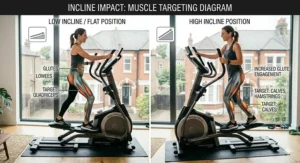 A diagram illustrating which muscle groups are targeted at different incline settings on the cross trainer.