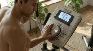 A user adjusting the resistance settings on a cheap cross trainer for interval training.