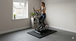 A quiet cross trainer placed on a protective mat to minimise noise in a flat.