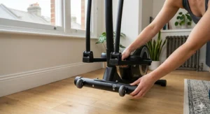 Close-up of integrated transport wheels on a cross trainer for effortless moving between rooms.