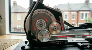 Side view illustration highlighting the various incline settings available on an elliptical machine.