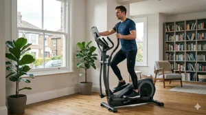 A home cross trainer being easily moved across a wooden floor using its integrated transport wheels.