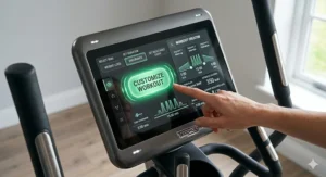 Close-up of a digital console displaying custom resistance settings on a workout cross trainer.