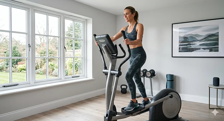 A person using a high-specification custom workout cross trainer in a modern UK home gym setup.