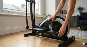 Display of the digital tracking console on a space-efficient cross trainer for home workouts.