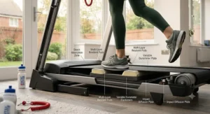 The digital display of a motorised treadmill showing calories burned, distance, and heart rate tracking.