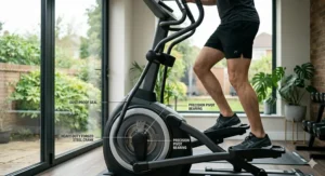 Close-up of a robust, heavy-duty steel frame and precision pivot bearings on a home gym cross trainer.