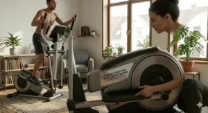 Side profile view of a sturdy, low-cost elliptical machine ideal for home fitness.