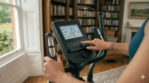 A sturdy, durable steel frame design of an affordable home cross trainer for stable training.